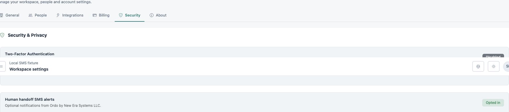 The same actual settings component after a simulated successful save, showing Opted in. Provider acceptance is simulated and no SMS is sent.