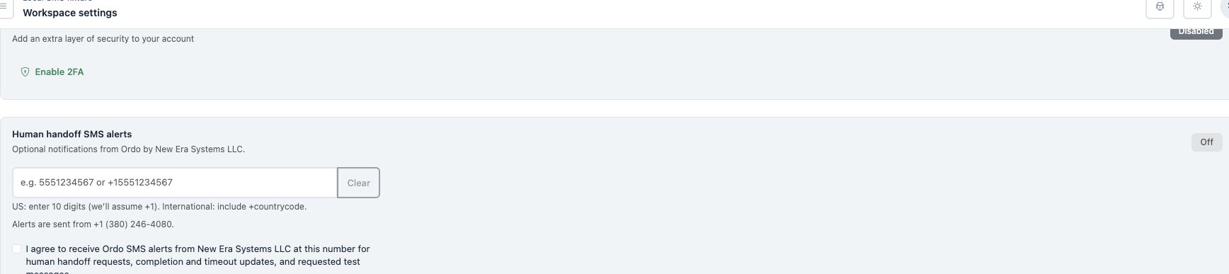 Local demonstration of the actual Ordo settings component before consent, with unchecked SMS checkbox, sender identity, registered sending number, disclosures and policy links.